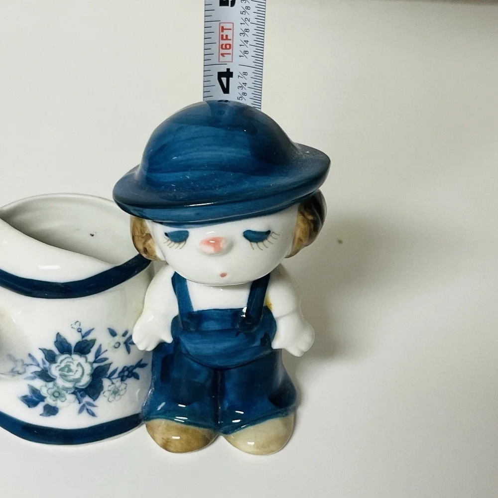Vintage Boy In Blue Hat & Suspenders w/ Watering Can Miniature Planter Vase